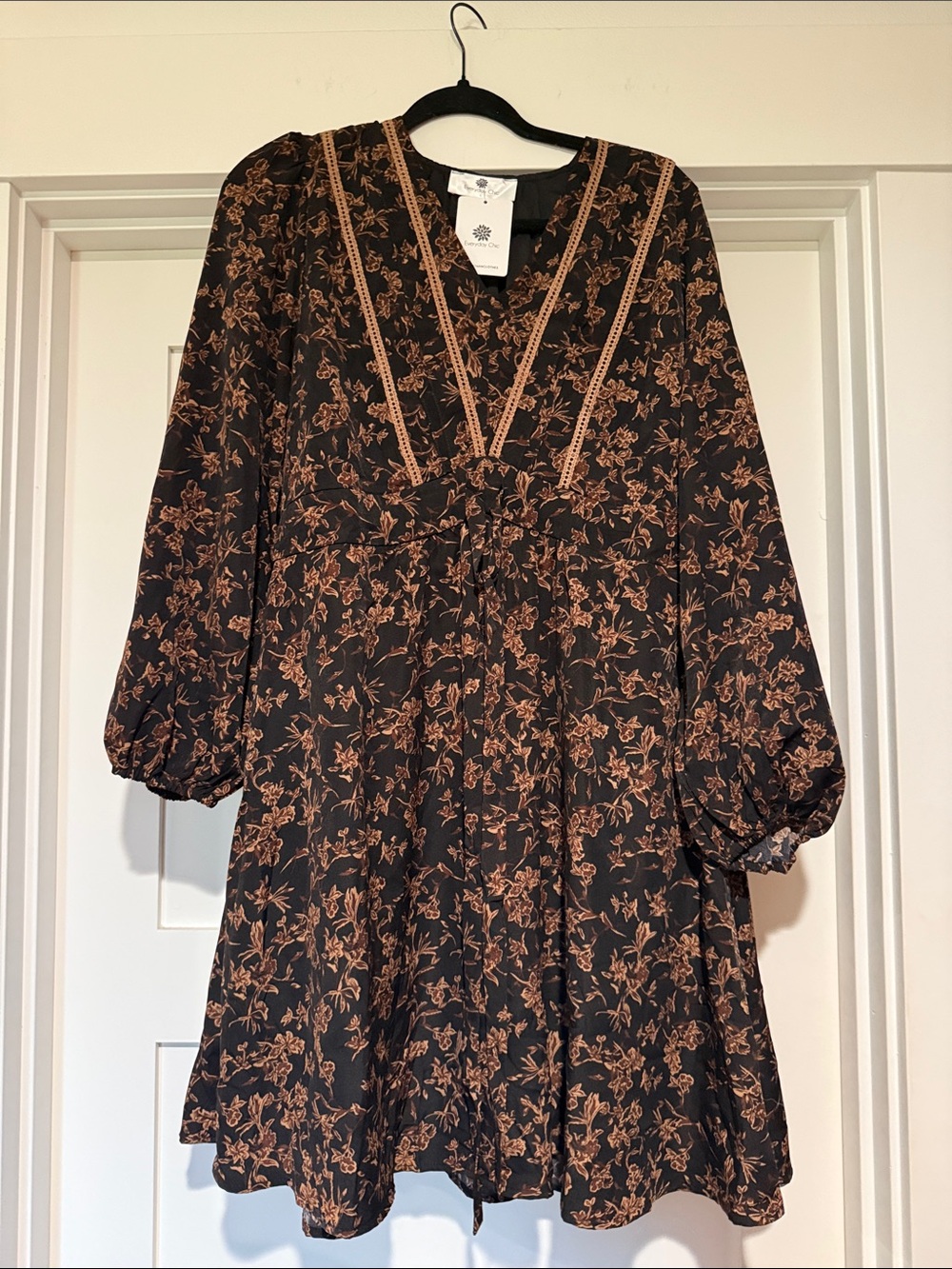 Black Floral V-Neck Long Sleeve Dress with Rust Floral Print